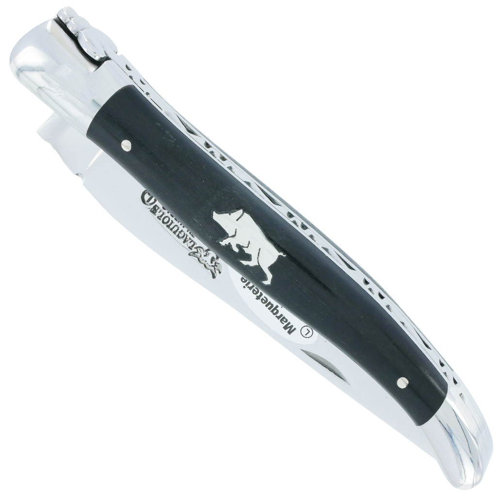 Couteau Laguiole En Aubrac 1 Piece Manche Ebene Marqueterie Sanglier Etain 2 Mitres Inox Brillant 12 Cm 00