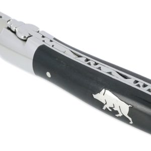 Couteau Laguiole En Aubrac 1 Piece Manche Ebene Marqueterie Sanglier Etain 2 Mitres Inox Brillant 12 Cm 02
