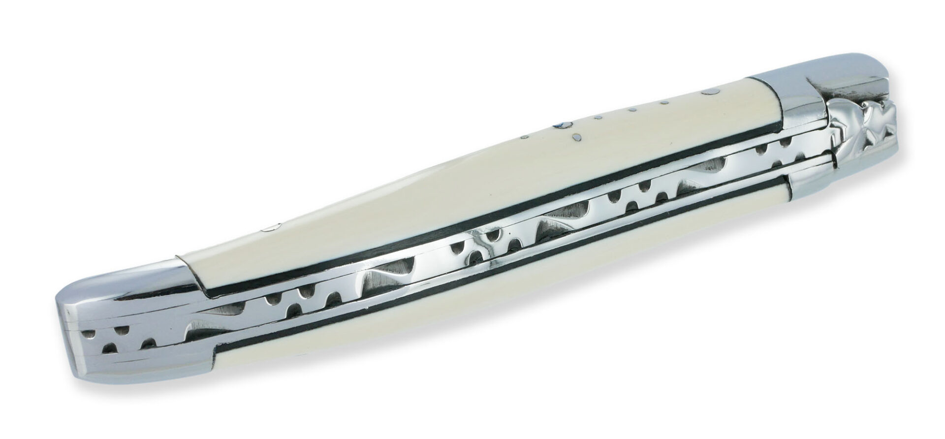 Couteau Laguiole En Aubrac 1 Piece Manche Ivoire De Mammouth Entretoises Ebene 2 Mitres Inox Brillant 10cm 01