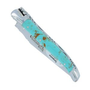 Couteau Laguiole En Aubrac 1 Piece Manche Turquoise 2 Mitres Inox Brillant 10cm 00
