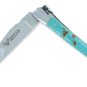 Couteau Laguiole En Aubrac 1 Piece Manche Turquoise 2 Mitres Inox Brillant 10cm 01
