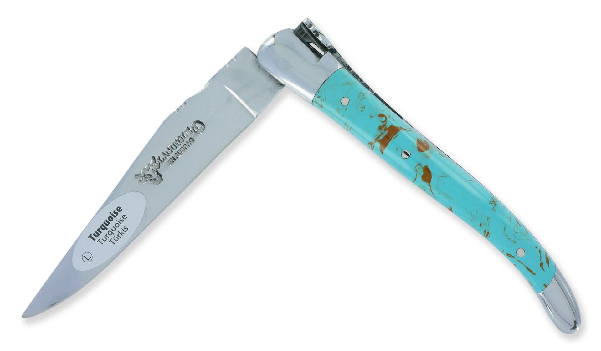 Couteau Laguiole En Aubrac 1 Piece Manche Turquoise 2 Mitres Inox Brillant 10cm 01