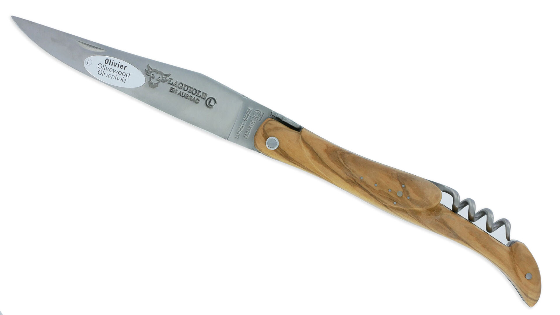 Couteau Laguiole En Aubrac 2 Pieces 12 Cm Plein Manche Olivier Finition Brossee Avec Tire Bouchon 01