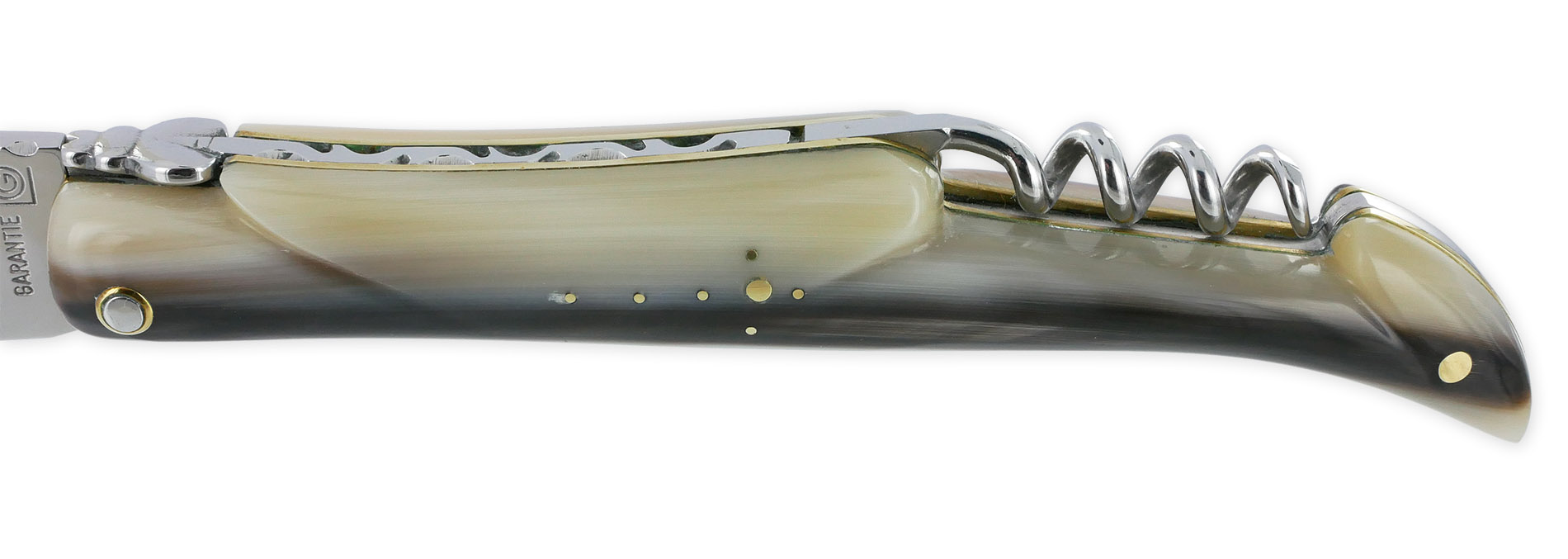 Couteau Laguiole En Aubrac 2 Pieces 12 Cm Plein Manche Pointe De Corne Avec Tire Bouchon Platines Et Rivets Laiton 01