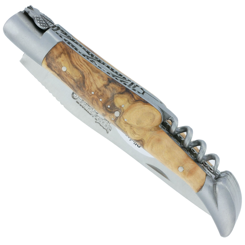 Couteau Laguiole En Aubrac 2 Pieces 12cm Avec Tire Bouchon Manche Olivier 2 Mitres Inox Brosse Double Platines 00