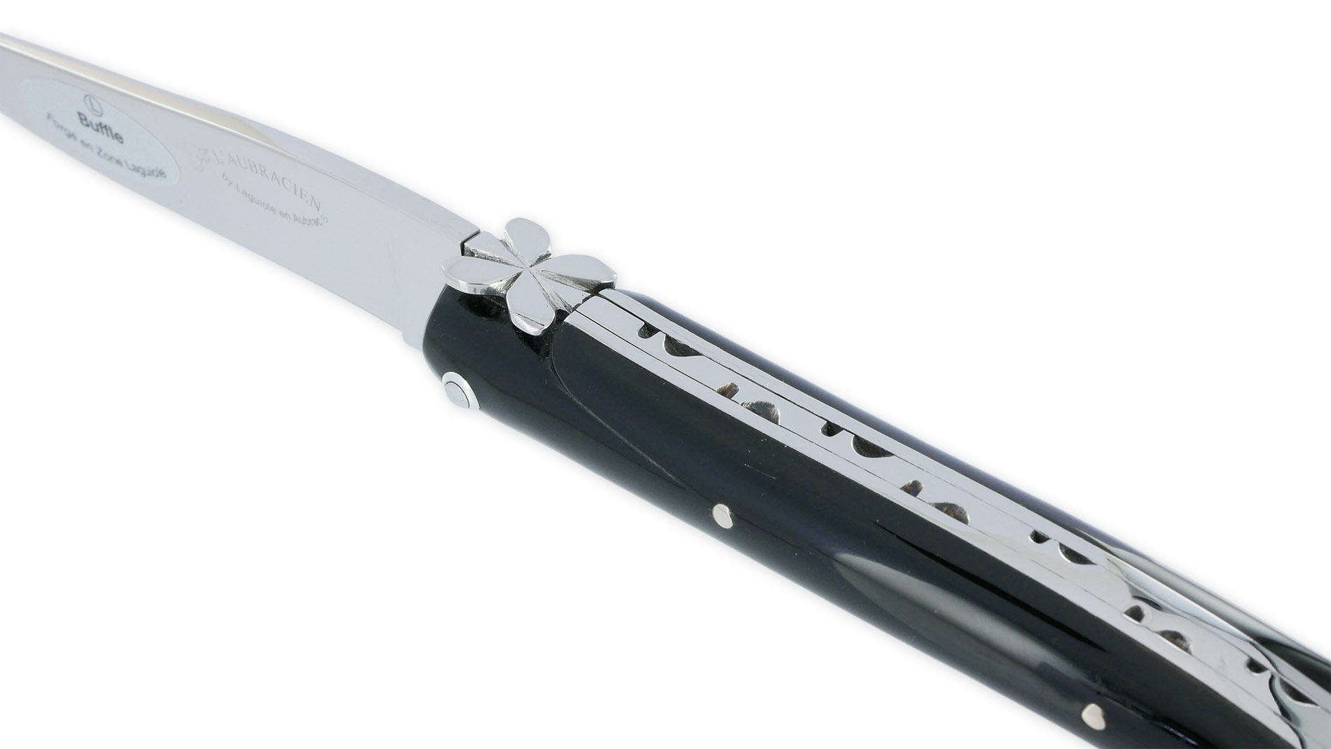 Couteau Laguiole En Aubrac Aubracien 1 Piece 12 Cm Buffle 1 Mitre Inox Brillant Mouche Fleur De Aubrac 02