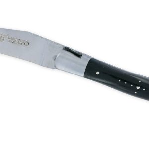 Couteau Laguiole En Aubrac Elegant 1 Piece 12cm Manche Ebene 2 Mitres Inox Brosse Ressort Guilloche Feuillage Mouche Prestige 01