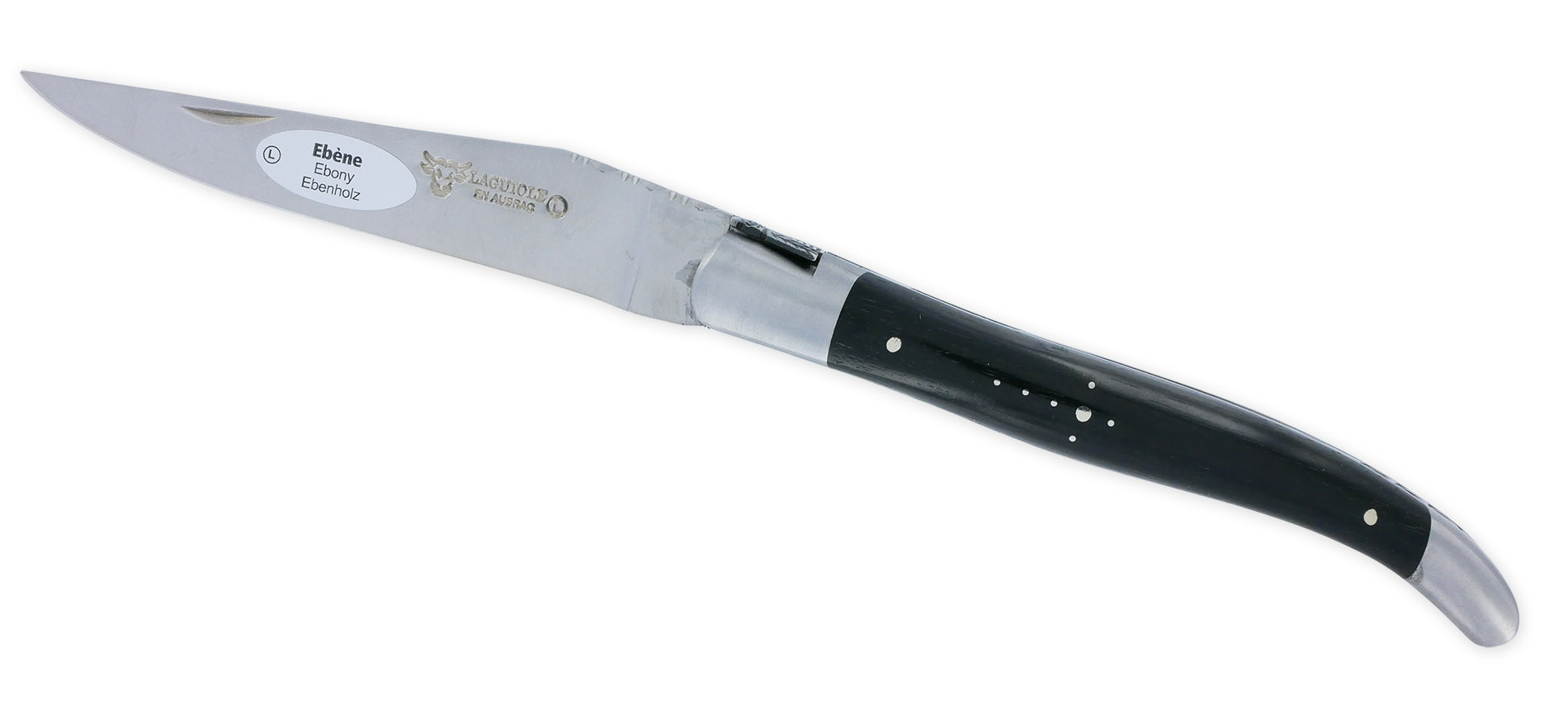 Couteau Laguiole En Aubrac Elegant 1 Piece 12cm Manche Ebene 2 Mitres Inox Brosse Ressort Guilloche Feuillage Mouche Prestige 01