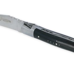 Couteau Laguiole En Aubrac Elegant 1 Piece 12cm Manche Ebene 2 Mitres Inox Brosse Ressort Guilloche Feuillage Mouche Prestige 02