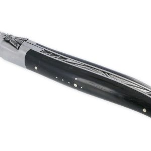 Couteau Laguiole En Aubrac Elegant 1 Piece 12cm Manche Ebene 2 Mitres Inox Brosse Ressort Guilloche Feuillage Mouche Prestige 03