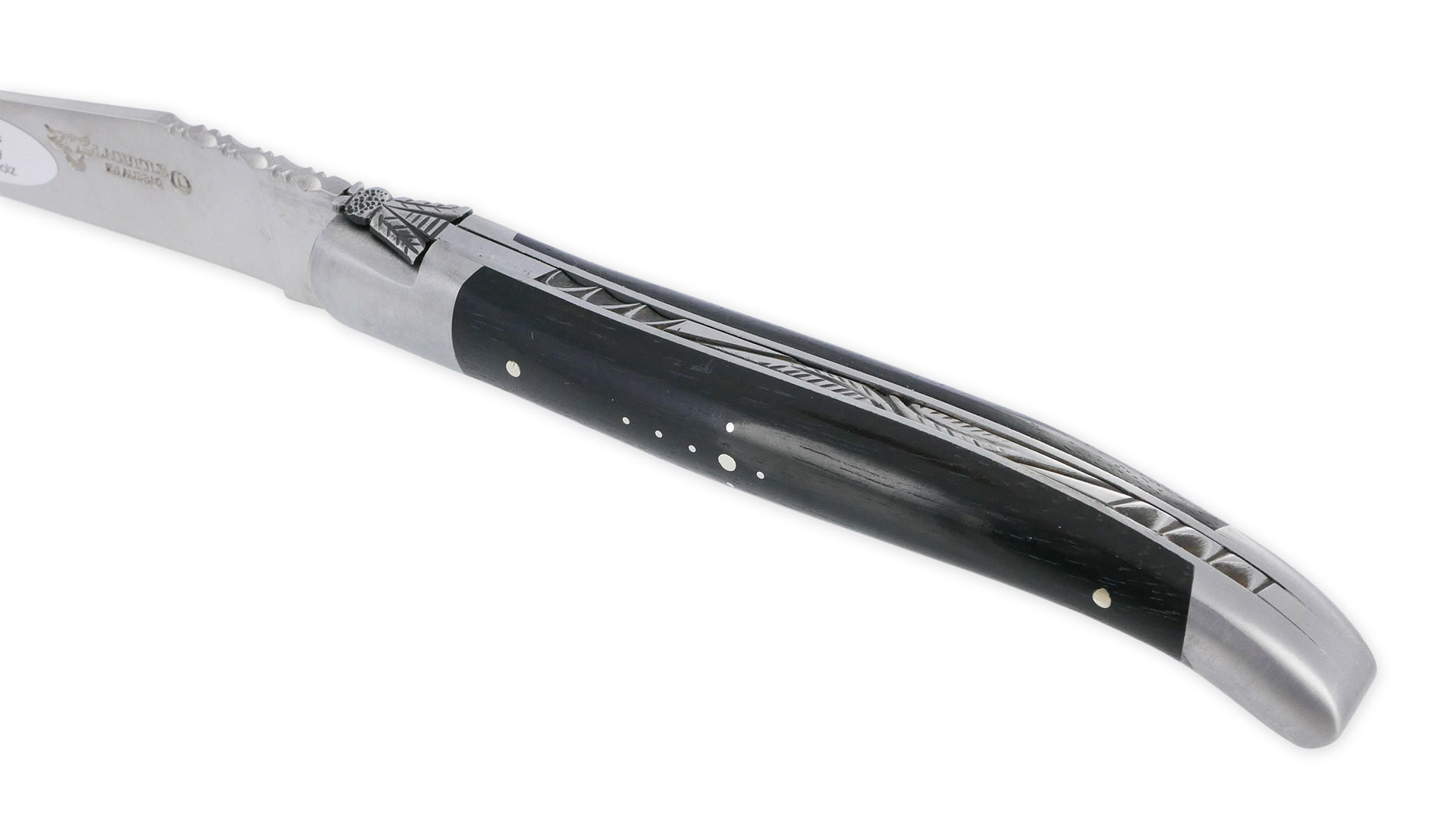 Couteau Laguiole En Aubrac Elegant 1 Piece 12cm Manche Ebene 2 Mitres Inox Brosse Ressort Guilloche Feuillage Mouche Prestige 03