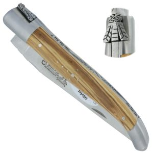 Couteau Laguiole En Aubrac Elegant 1 Piece 12cm Manche Olivier 2 Mitres Inox Brosse Ressort Guilloche Feuillage Mouche Prestige 00