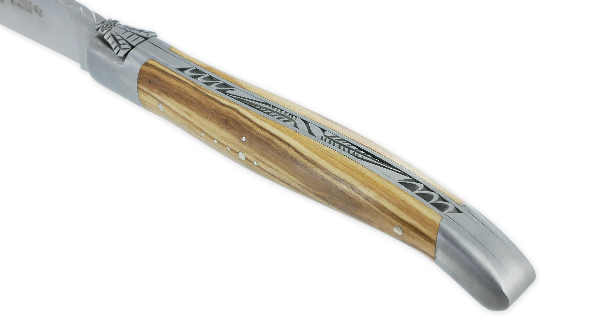 Couteau Laguiole En Aubrac Elegant 1 Piece 12cm Manche Olivier 2 Mitres Inox Brosse Ressort Guilloche Feuillage Mouche Prestige 03
