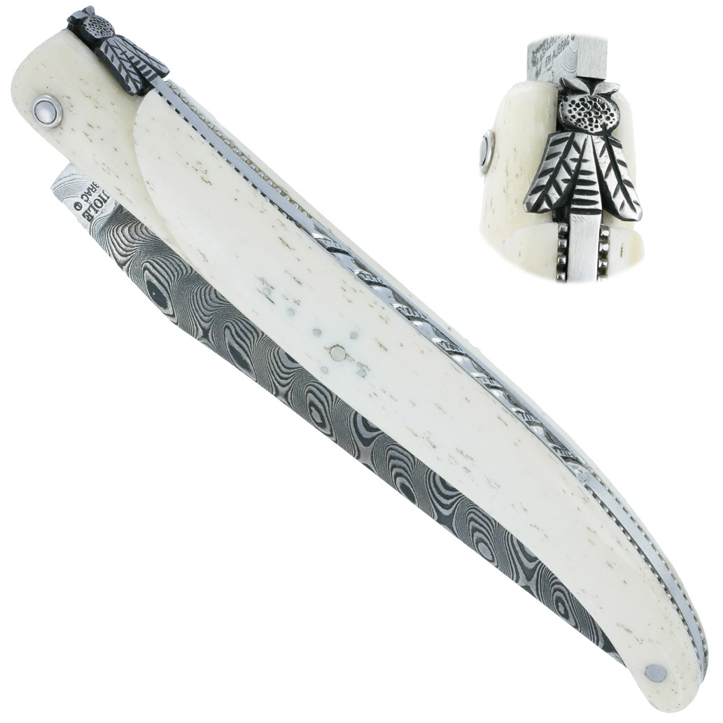 Couteau Laguiole En Aubrac Le Perle 1 Piece 12cm Plein Manche Os Platines Perlees Ressort Guilloche Lame Damas Balbach Mouche Prestige N12 00