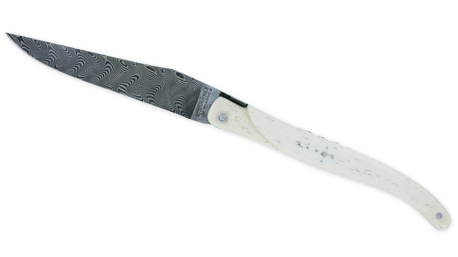 Couteau Laguiole En Aubrac Le Perle 1 Piece 12cm Plein Manche Os Platines Perlees Ressort Guilloche Lame Damas Balbach Mouche Prestige N12 01