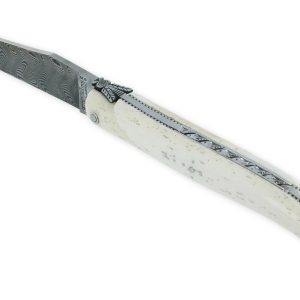 Couteau Laguiole En Aubrac Le Perle 1 Piece 12cm Plein Manche Os Platines Perlees Ressort Guilloche Lame Damas Balbach Mouche Prestige N12 02