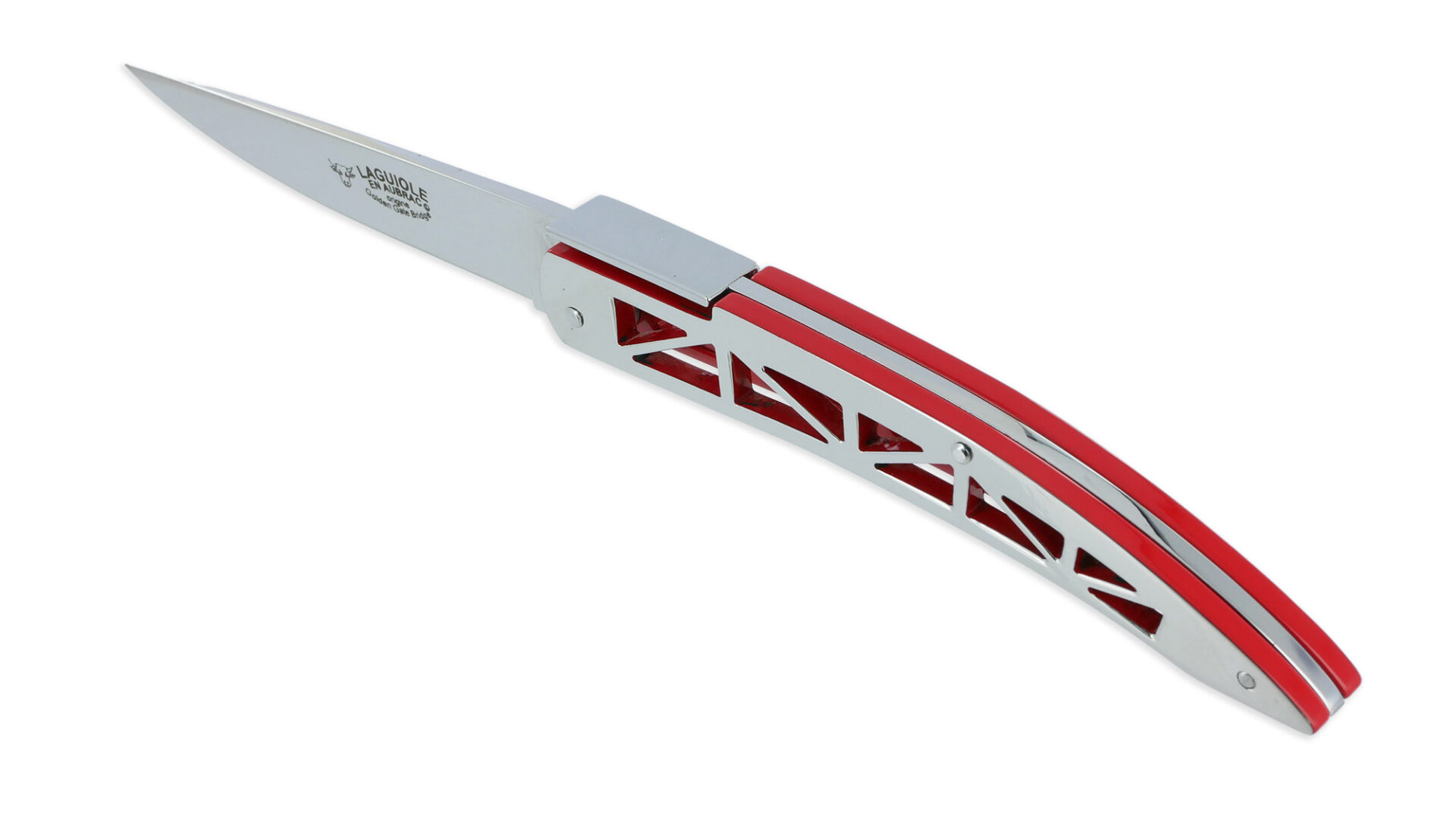 Couteau Laguiole En Aubrac Origine Golden Gate Plein Manche 12cm Rouge Et Poli Mirroir 01