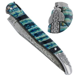 Couteau Laguiole Prestige Createur 1 Piece 12 Cm Mitre Arriere Manche Molaire De Mammouth Turquoise Lame Damas Piece Unique 00