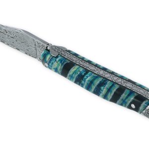 Couteau Laguiole Prestige Createur 1 Piece 12 Cm Mitre Arriere Manche Molaire De Mammouth Turquoise Lame Damas Piece Unique 01