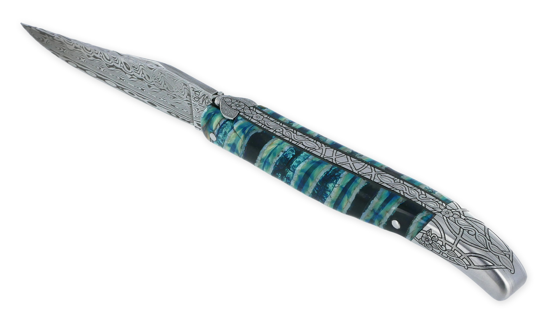 Couteau Laguiole Prestige Createur 1 Piece 12 Cm Mitre Arriere Manche Molaire De Mammouth Turquoise Lame Damas Piece Unique 01
