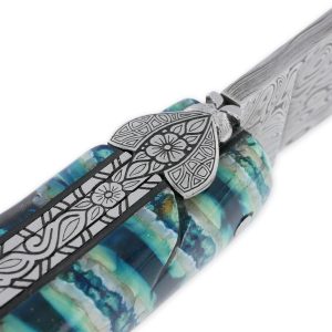 Couteau Laguiole Prestige Createur 1 Piece 12 Cm Mitre Arriere Manche Molaire De Mammouth Turquoise Lame Damas Piece Unique 04