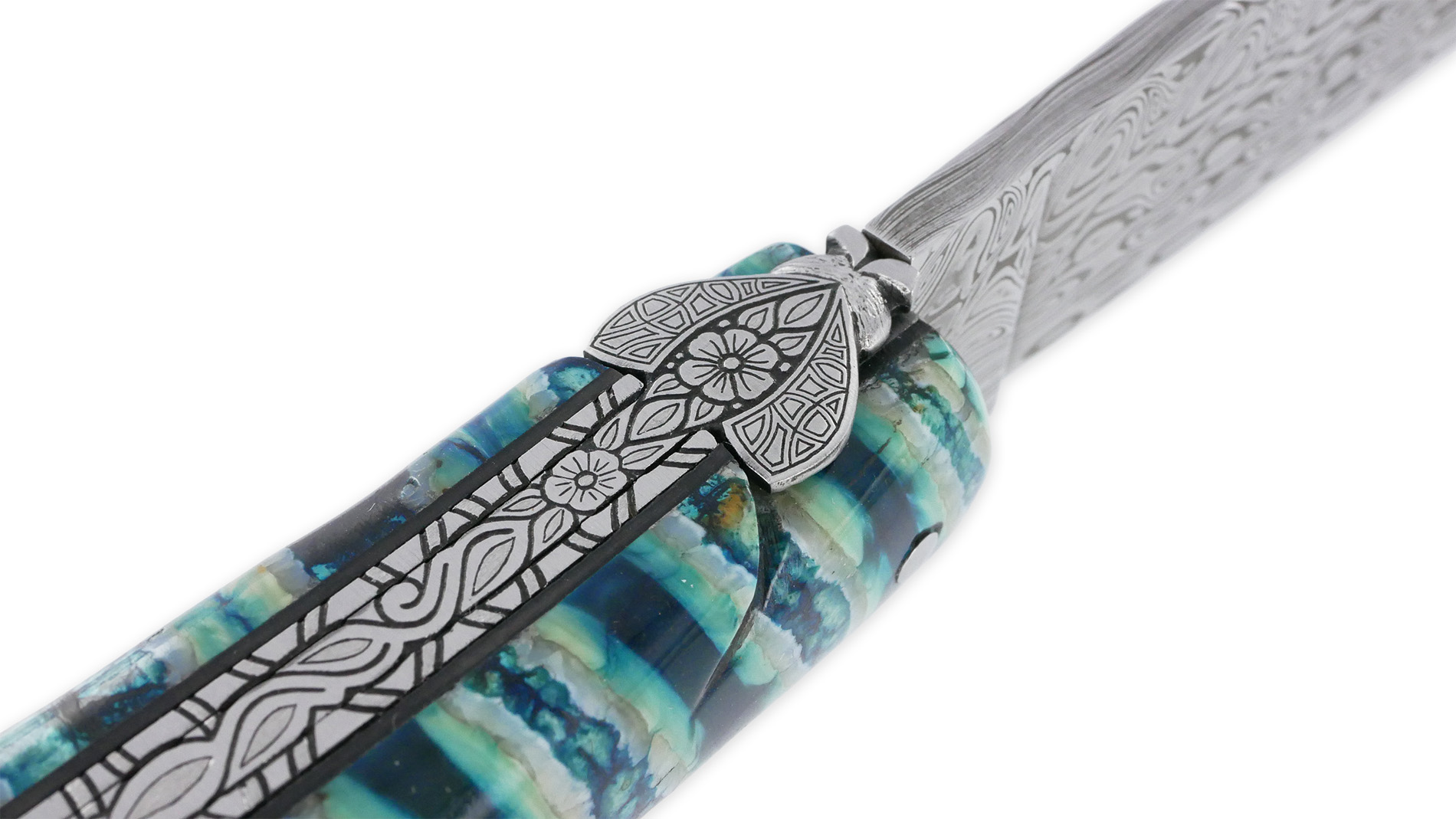 Couteau Laguiole Prestige Createur 1 Piece 12 Cm Mitre Arriere Manche Molaire De Mammouth Turquoise Lame Damas Piece Unique 04