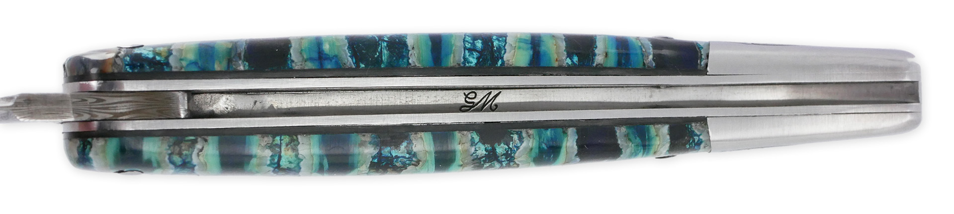 Couteau Laguiole Prestige Createur 1 Piece 12 Cm Mitre Arriere Manche Molaire De Mammouth Turquoise Lame Damas Piece Unique 05