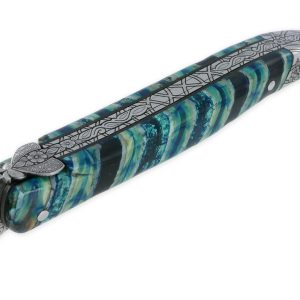 Couteau Laguiole Prestige Createur 1 Piece 12 Cm Mitre Arriere Manche Molaire De Mammouth Turquoise Lame Damas Piece Unique 06