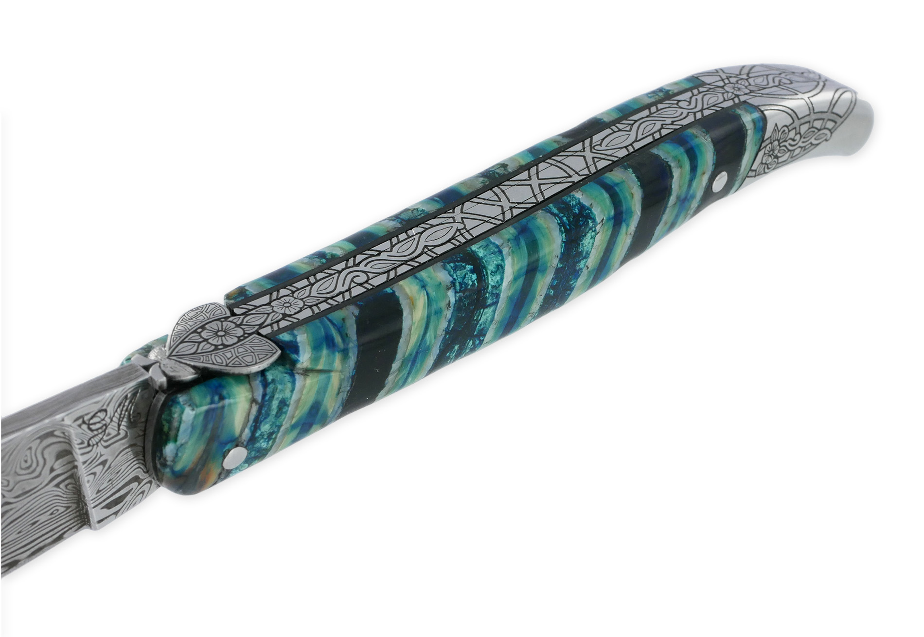 Couteau Laguiole Prestige Createur 1 Piece 12 Cm Mitre Arriere Manche Molaire De Mammouth Turquoise Lame Damas Piece Unique 06