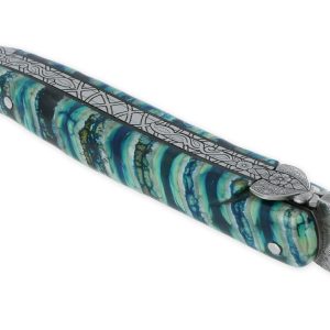 Couteau Laguiole Prestige Createur 1 Piece 12 Cm Mitre Arriere Manche Molaire De Mammouth Turquoise Lame Damas Piece Unique 07
