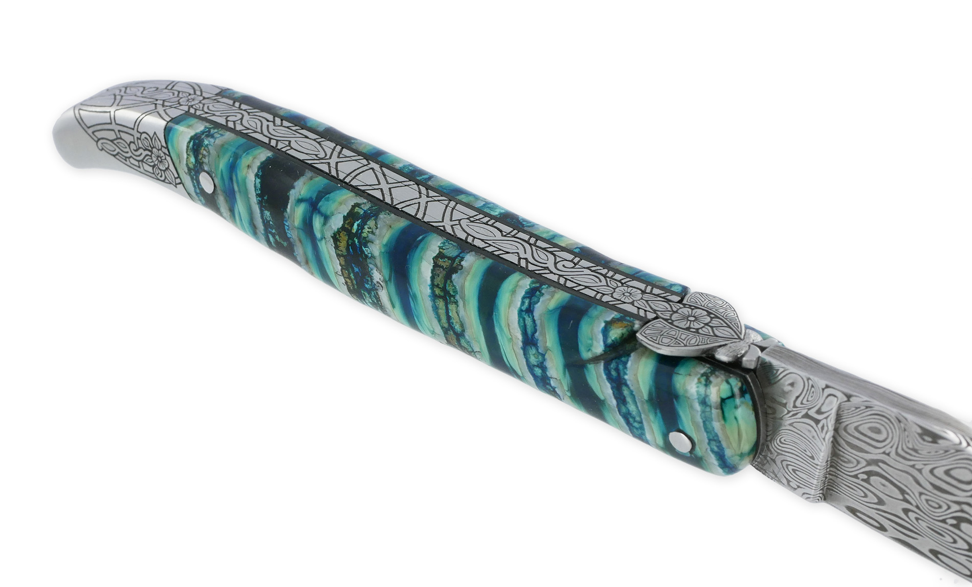 Couteau Laguiole Prestige Createur 1 Piece 12 Cm Mitre Arriere Manche Molaire De Mammouth Turquoise Lame Damas Piece Unique 07