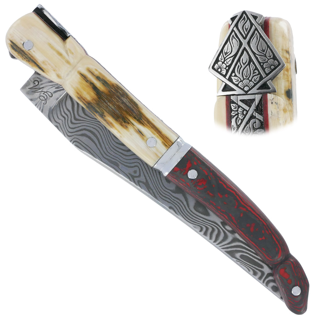 Couteau Laguiole Prestige Createur 1 Piece 13 Cm Plein Manche En Ivoire De Mammouth Et Carbone Lame Damas Piece Unique 00