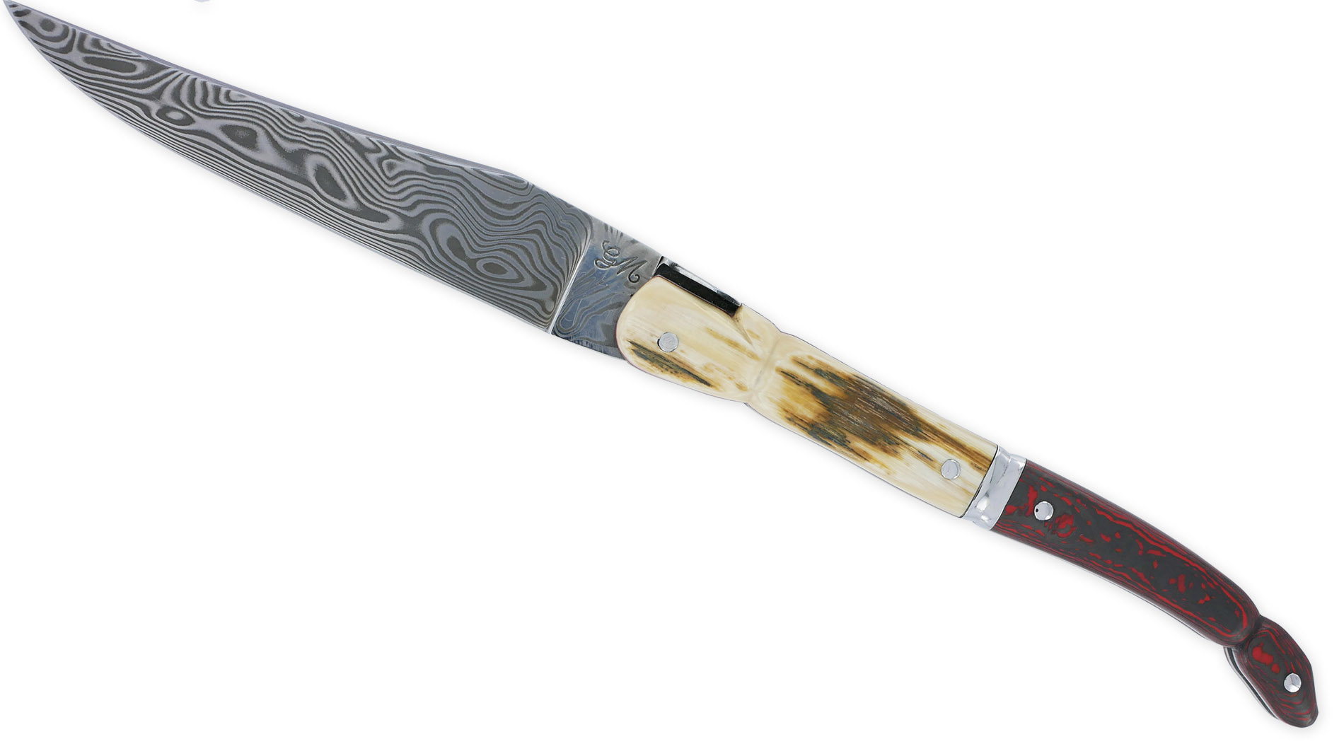 Couteau Laguiole Prestige Createur 1 Piece 13 Cm Plein Manche En Ivoire De Mammouth Et Carbone Lame Damas Piece Unique 01