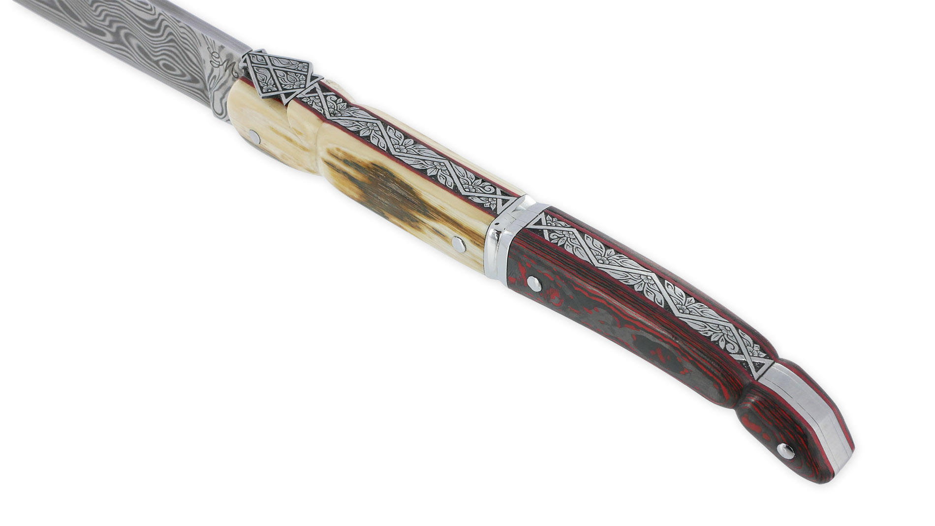 Couteau Laguiole Prestige Createur 1 Piece 13 Cm Plein Manche En Ivoire De Mammouth Et Carbone Lame Damas Piece Unique 03