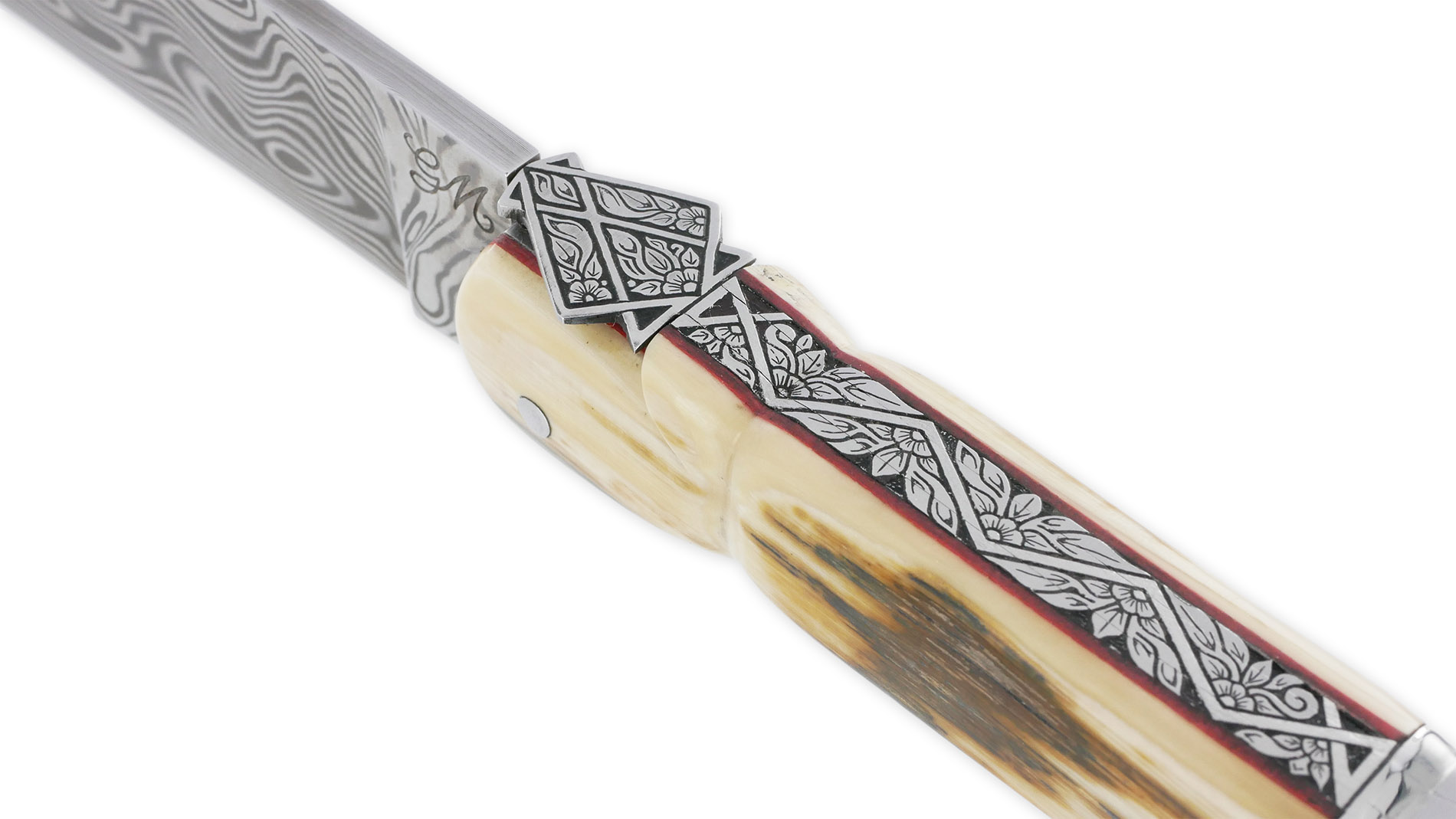 Couteau Laguiole Prestige Createur 1 Piece 13 Cm Plein Manche En Ivoire De Mammouth Et Carbone Lame Damas Piece Unique 04