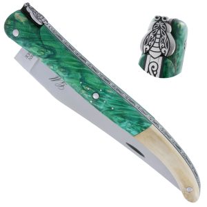 Couteau Laguiole Prestige Createur 1 Piece 13 Cm Plein Manche Erable Teinte Vert Et Ivoire De Mammouth Piece Unique 00