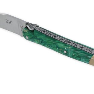 Couteau Laguiole Prestige Createur 1 Piece 13 Cm Plein Manche Erable Teinte Vert Et Ivoire De Mammouth Piece Unique 03