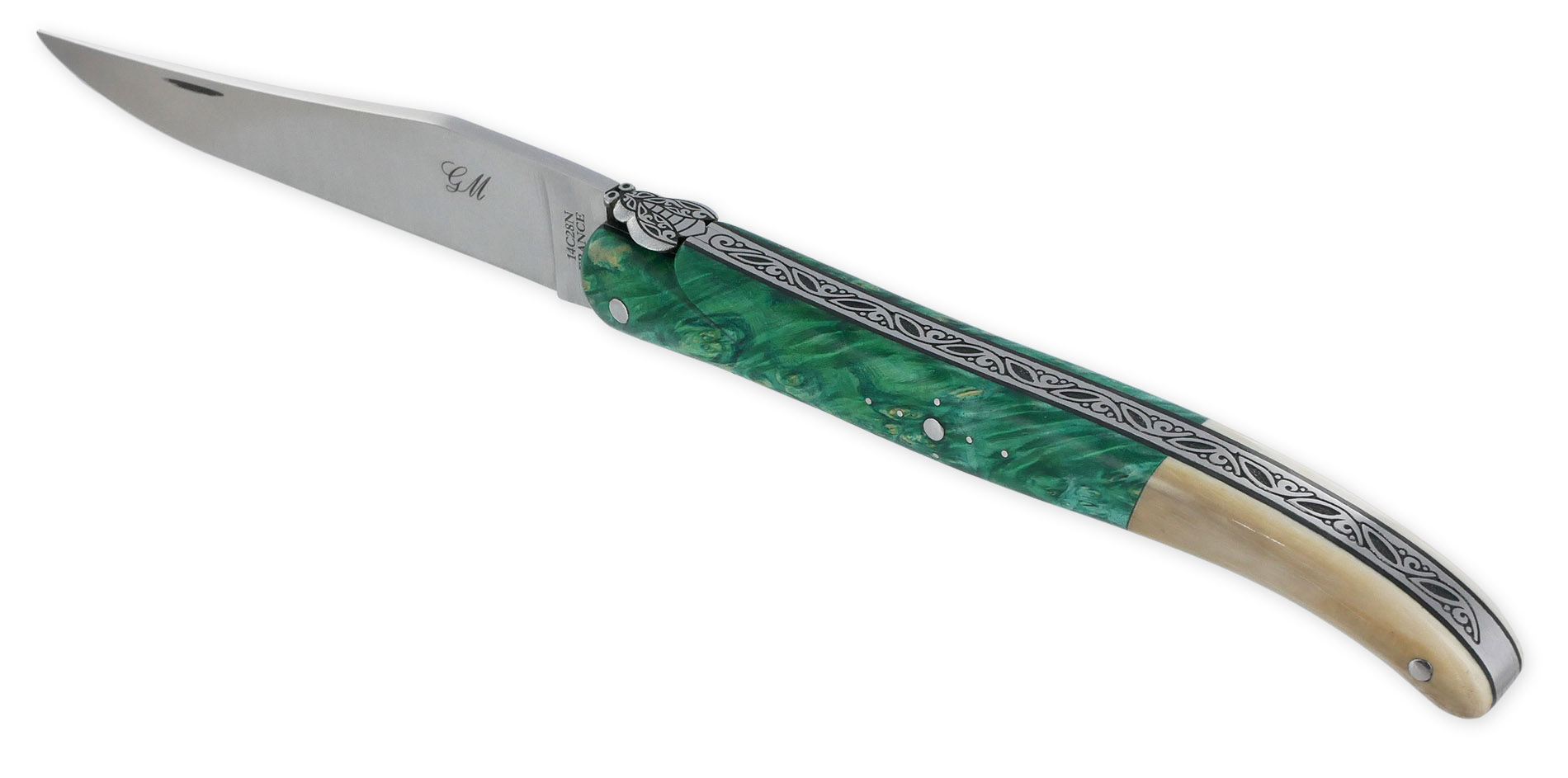 Couteau Laguiole Prestige Createur 1 Piece 13 Cm Plein Manche Erable Teinte Vert Et Ivoire De Mammouth Piece Unique 03