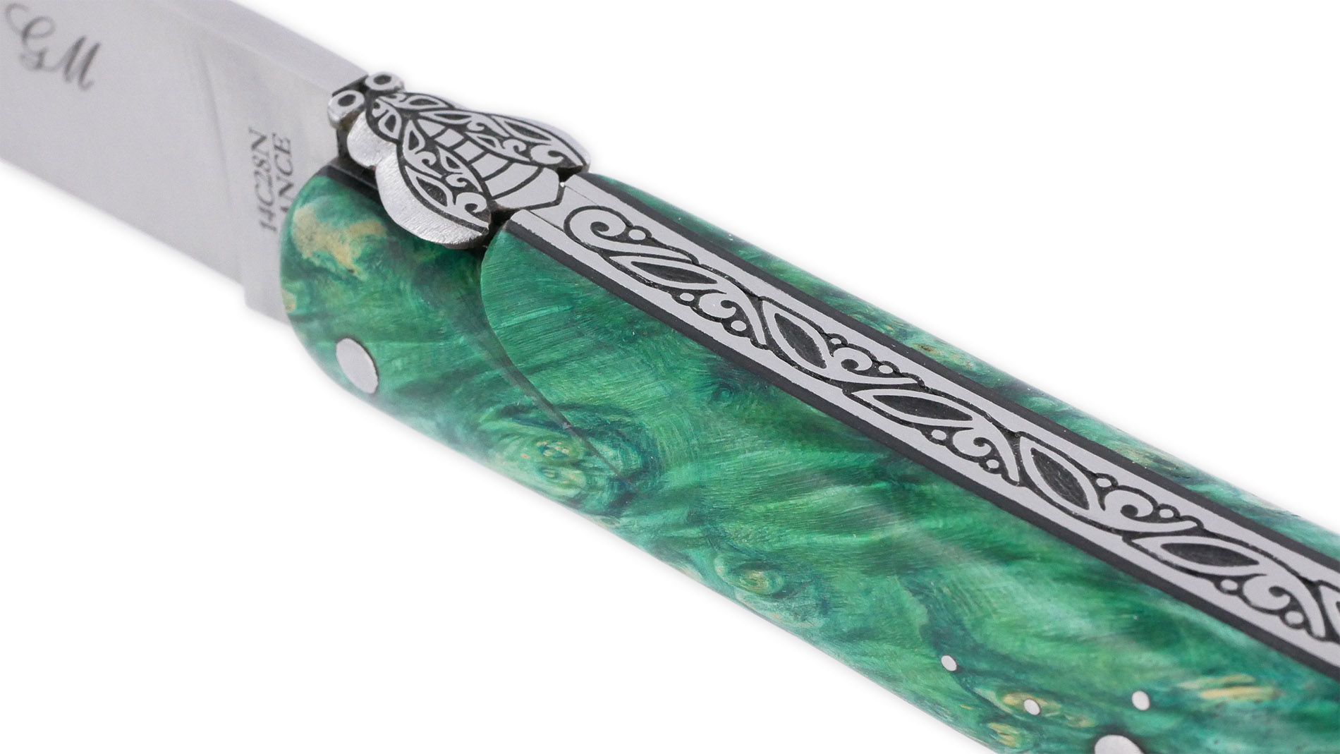 Couteau Laguiole Prestige Createur 1 Piece 13 Cm Plein Manche Erable Teinte Vert Et Ivoire De Mammouth Piece Unique 04