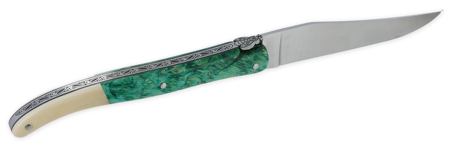 Couteau Laguiole Prestige Createur 1 Piece 13 Cm Plein Manche Erable Teinte Vert Et Ivoire De Mammouth Piece Unique 06