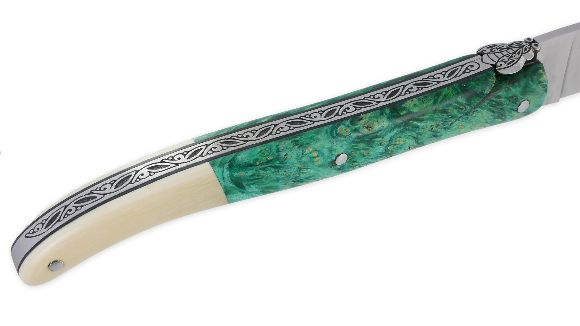 Couteau Laguiole Prestige Createur 1 Piece 13 Cm Plein Manche Erable Teinte Vert Et Ivoire De Mammouth Piece Unique 07