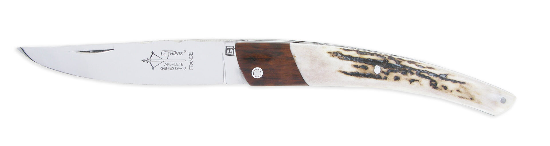 Couteau Le Thiers Laguiole Arbalete Double Platines Manche Cerf Mitre Amourette 01