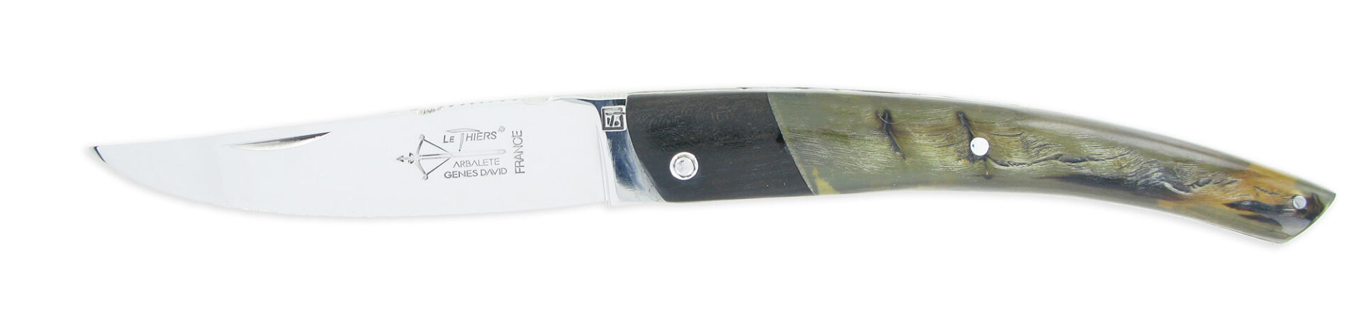 Couteau Le Thiers Laguiole Arbalete Double Platines Manche Croute De Belier Mitre Ebene 01