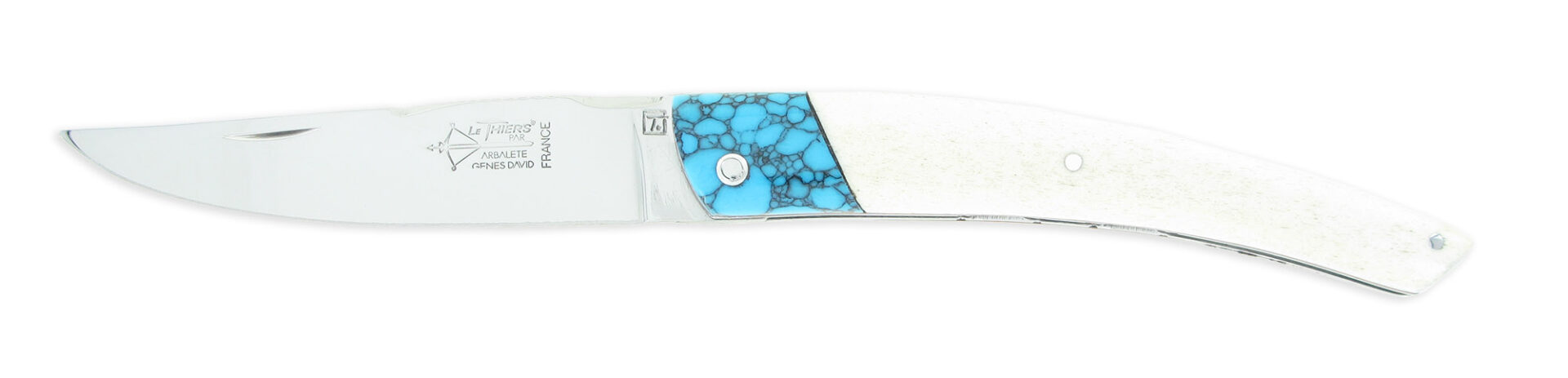Couteau Le Thiers Laguiole Arbalete Double Platines Manche Os De Chameau Mitre Turquoise 01
