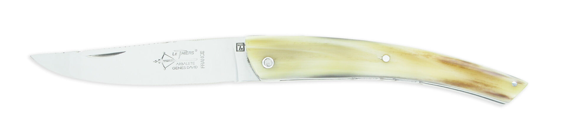 Couteau Le Thiers Laguiole Arbalete Double Platines Plein Manche Pointe De Corne Blonde 01