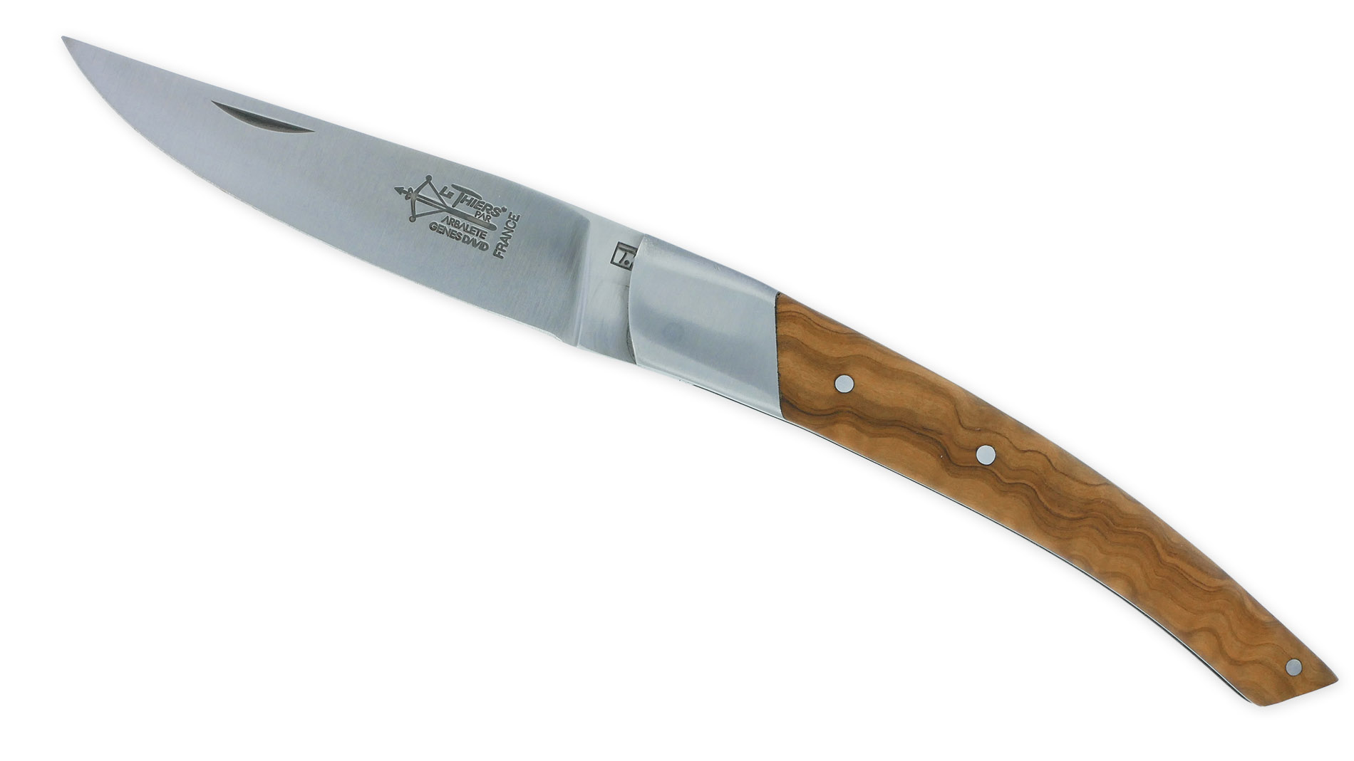 Couteau Le Thiers Laguiole Arbalete Manche Olivier Ressort Guilloche 1 Mitre 12 Cm Finition Brossee 01