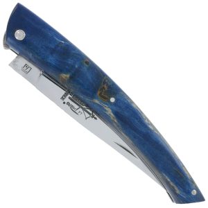 Couteau Le Thiers Laguiole Arbalete Plein Manche Bouleau Stabilise Bleu Ressort Guilloche Finition Brillante 12cm 00