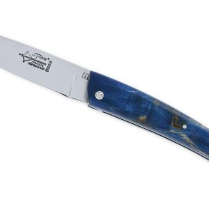 Couteau Le Thiers Laguiole Arbalete Plein Manche Bouleau Stabilise Bleu Ressort Guilloche Finition Brillante 12cm 01