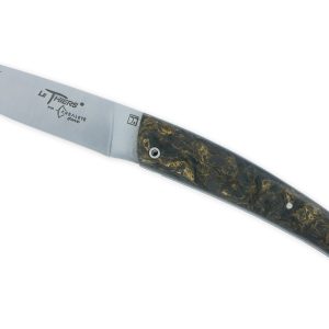 Couteau Le Thiers Laguiole Arbalete Plein Manche Carbone Incrustation Fils Or Ressort Guilloche Finition Brossee 12cm 02