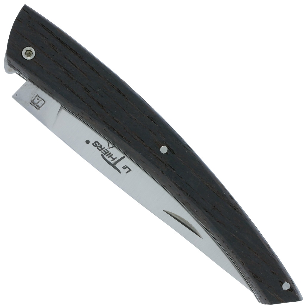 Couteau Le Thiers Laguiole Arbalete Plein Manche Chene De Barrique Ressort Guilloche Finition Brossee 12cm 00